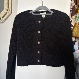 Black Textured Button-Up Cardigan